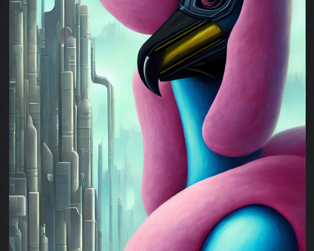 Detailed digital illustration of stylized flamingo in futuristic city