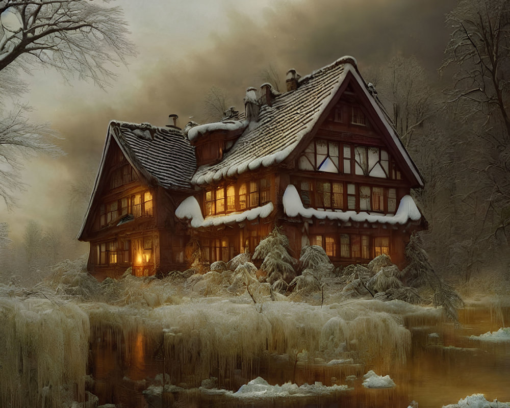 Snow-covered cottage by tranquil river in wintry forest landscape