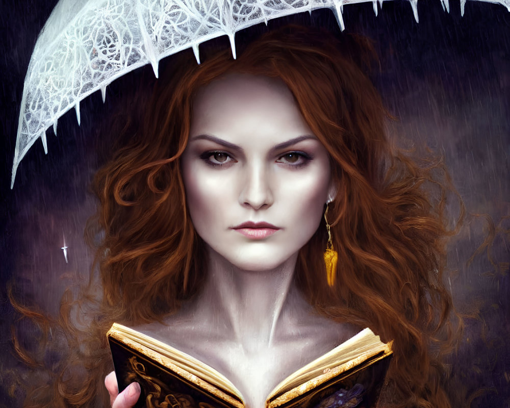 Red-haired woman with book and lace umbrella against dark background