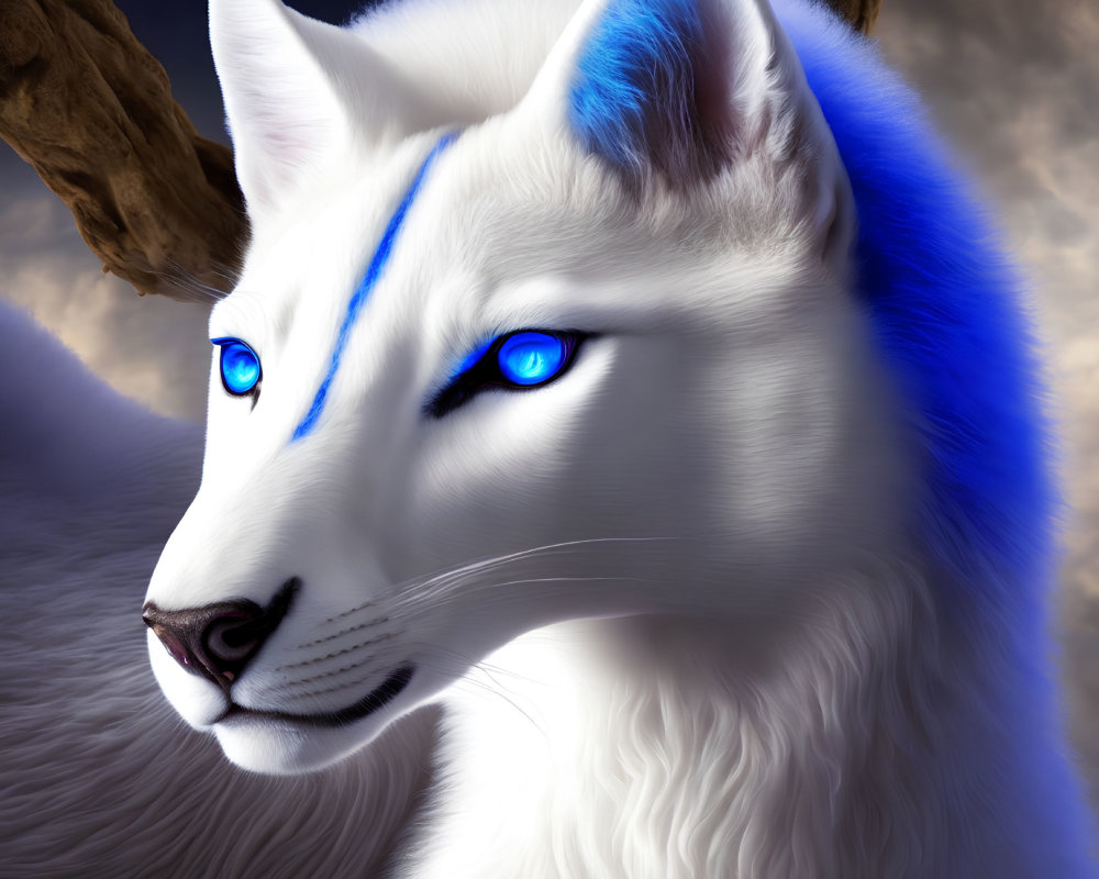 White wolf with blue eyes and markings in dramatic sky scene