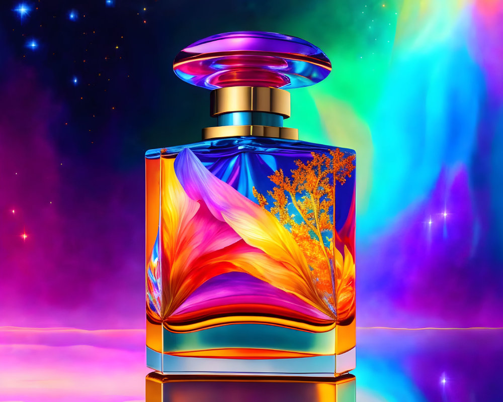 Colorful Perfume Bottle Illustration with Feather Design on Cosmic Background