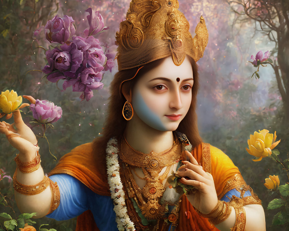 Lord Krishna depiction with golden crown and serene expression among yellow flowers