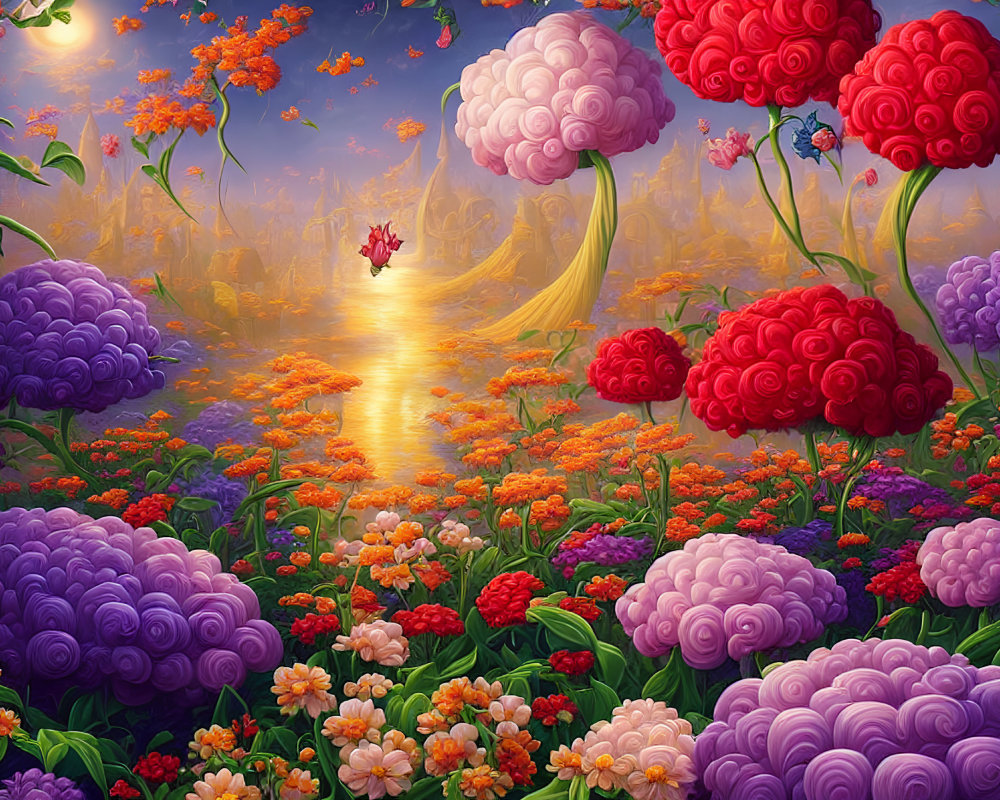 Colorful Oversized Flower Blooms in Fantasy Garden Under Purple Sky