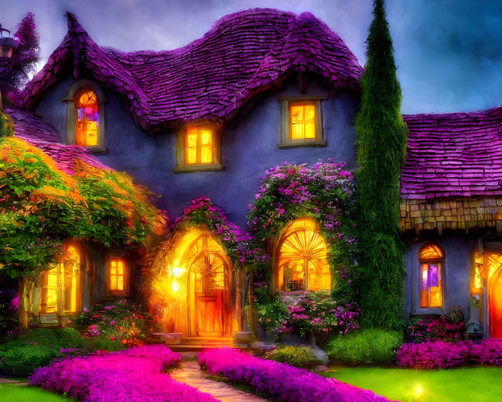 Whimsical cottage at twilight with purple thatched roof and vibrant surroundings