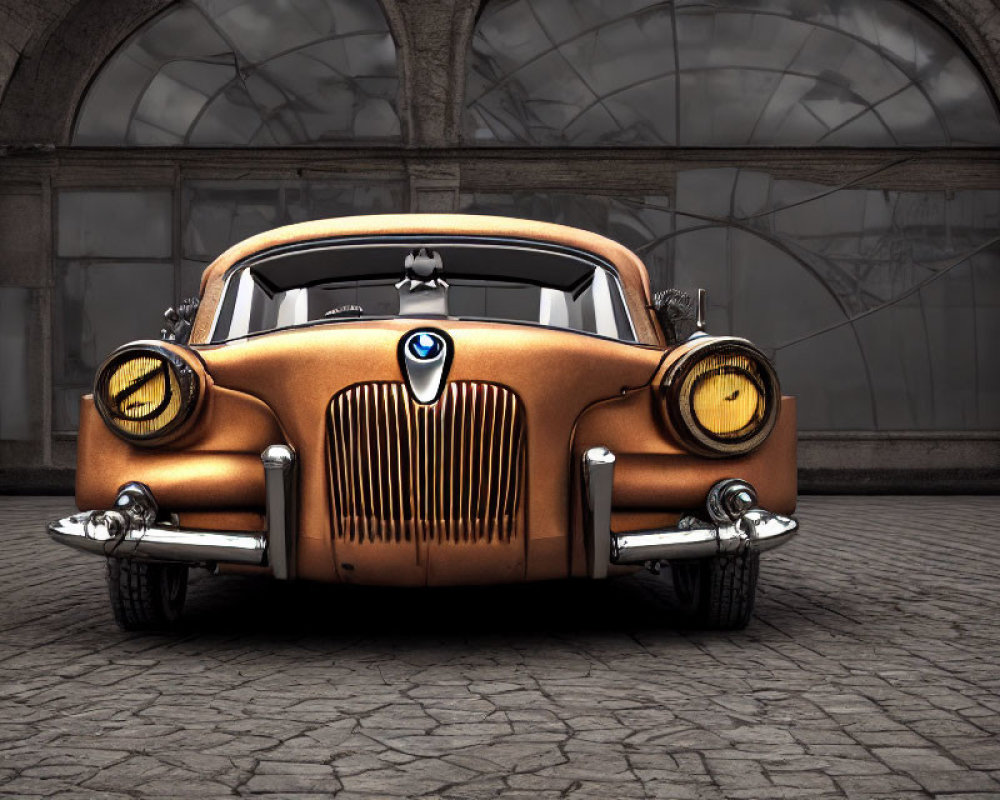 Vintage Orange BMW Car in Courtyard with Arched Windows and Stone Pavement