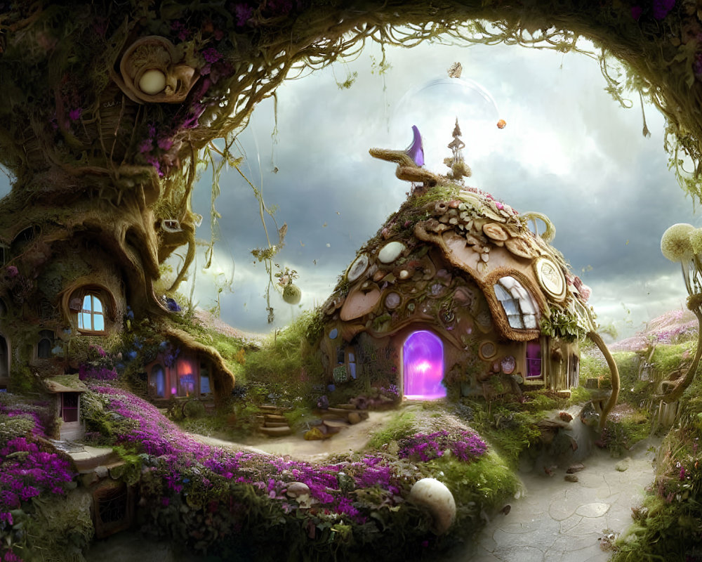 Fantasy landscape with mushroom houses and glowing windows surrounded by lush plants