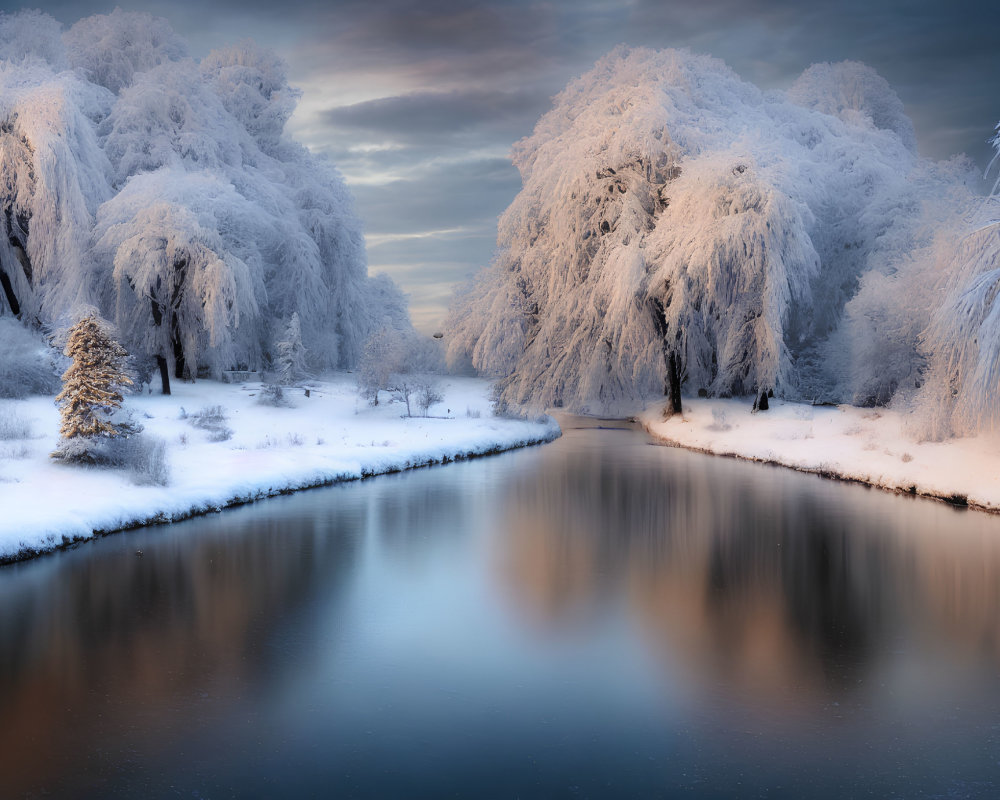 Winter Landscape: Frost-covered Trees Reflecting in Serene River