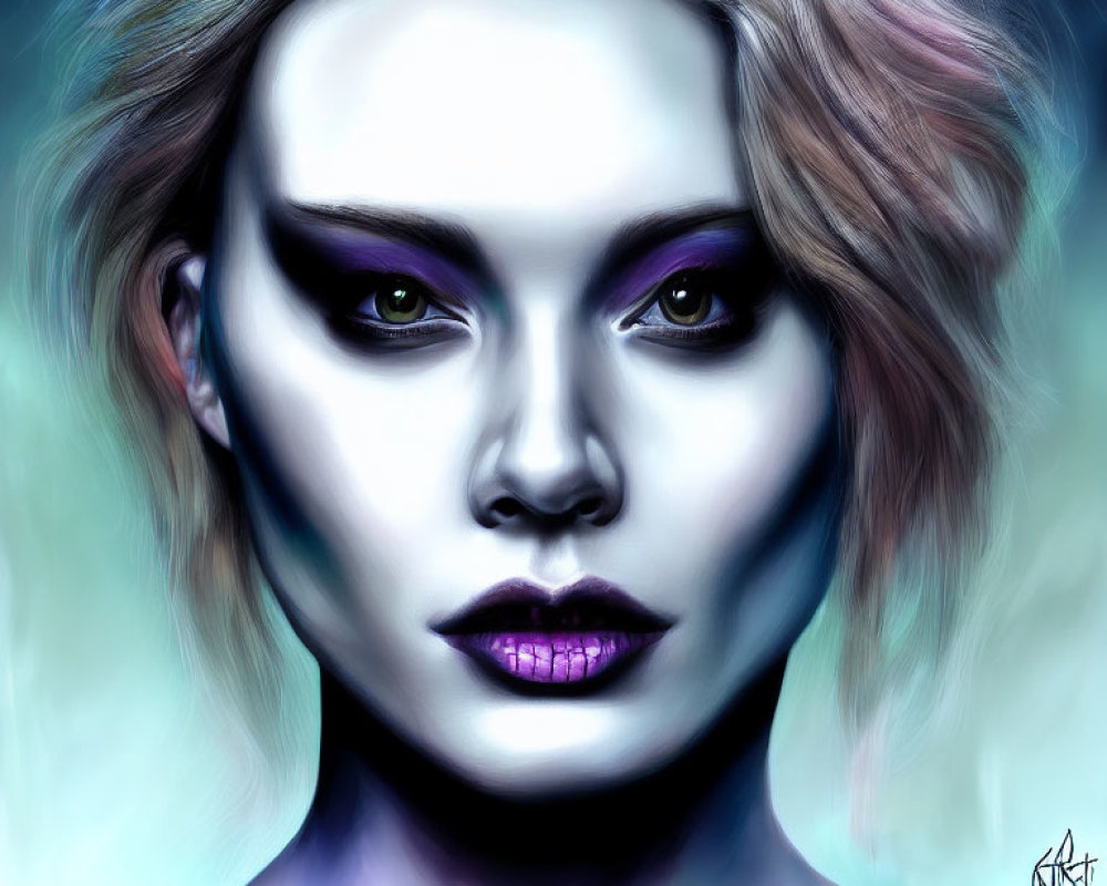 Digital portrait of woman with purple eyes, black eye makeup, and purple lips on blue background