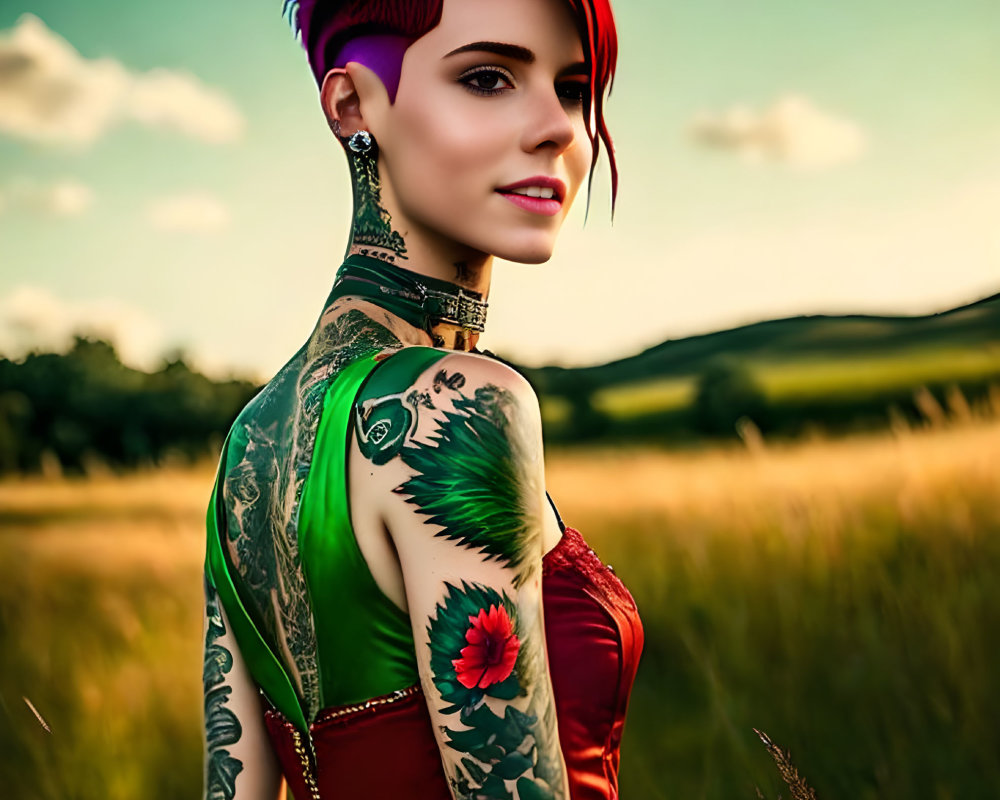 Vibrant feathered mohawk woman with tattoos in red dress at sunset