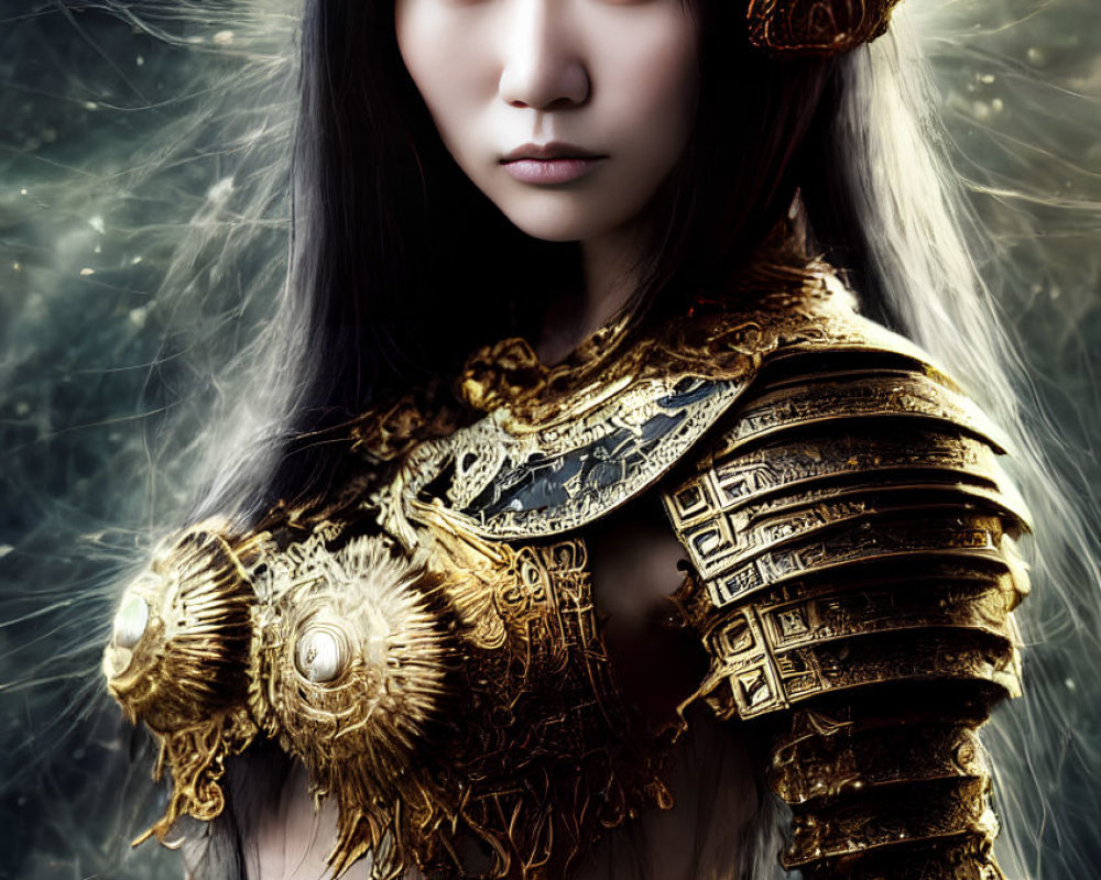 Digital artwork of woman in ornate golden armor against mystical background