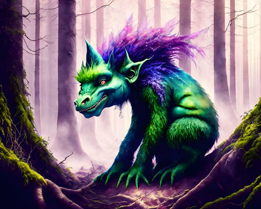 Mythical creature with green skin, large horns, and purple fur in misty forest