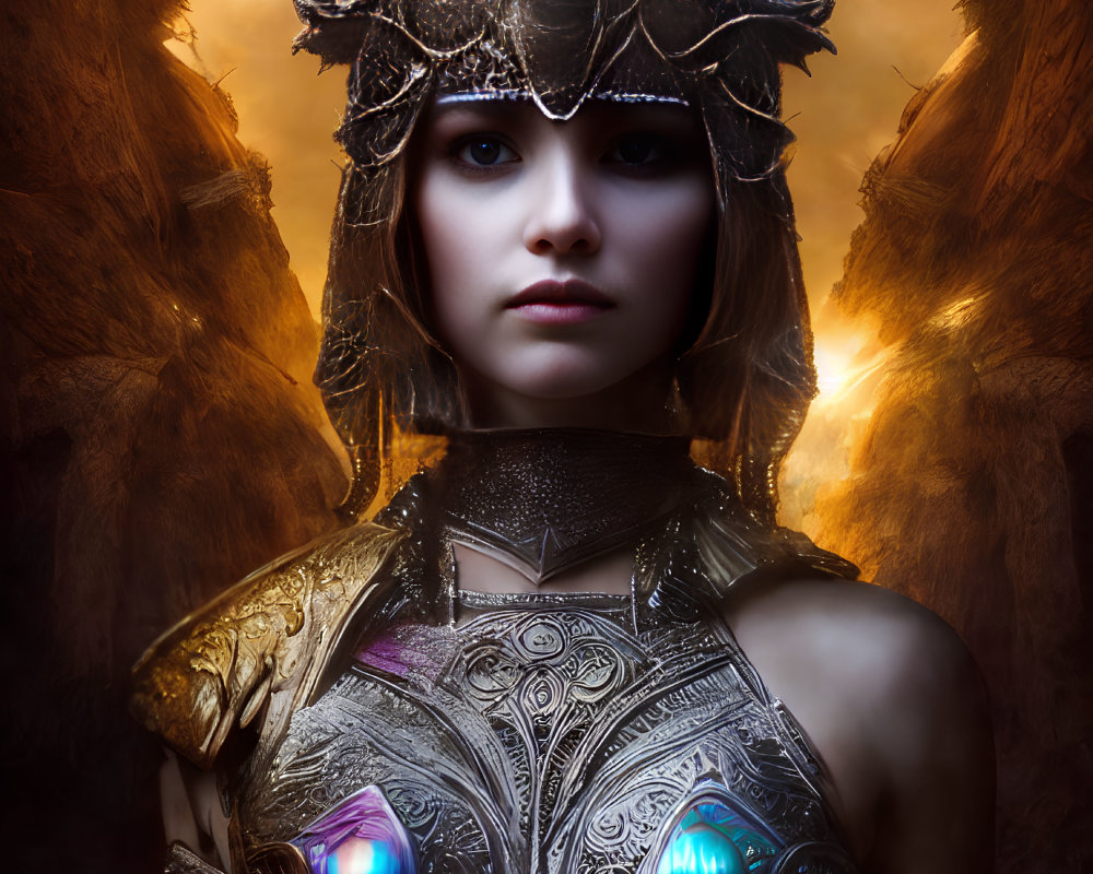 Fantasy woman in regal armor against glowing rocky backdrop