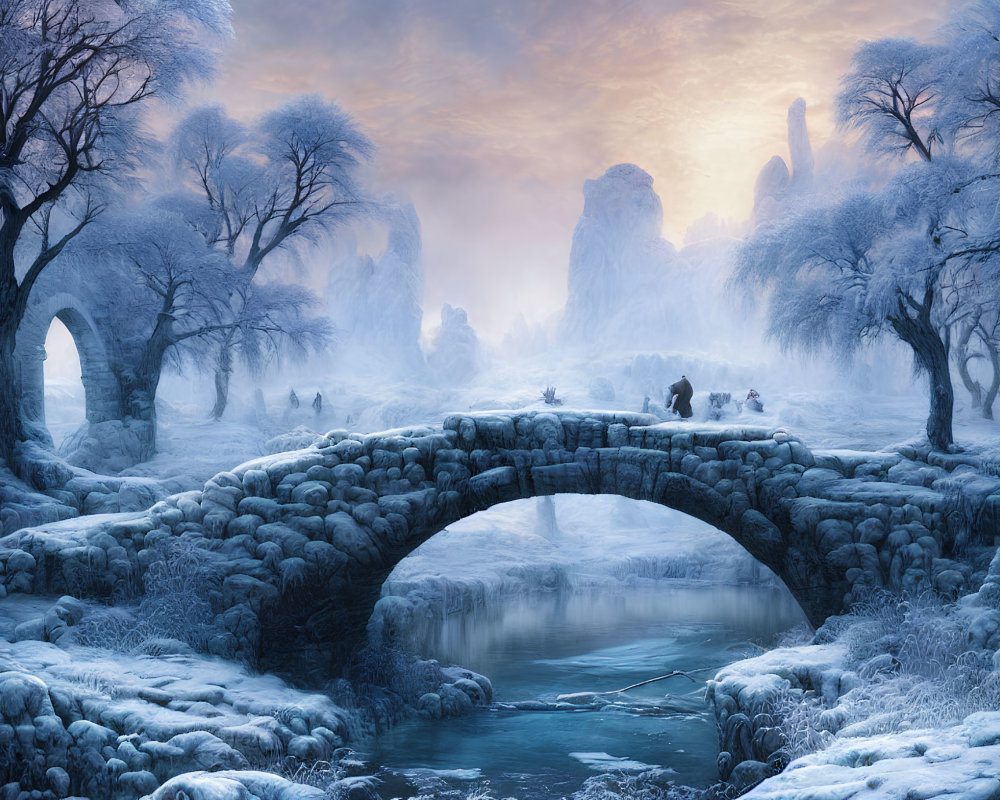 Ethereal winter scene: stone bridge, frozen river, bare trees, figures crossing at sunrise