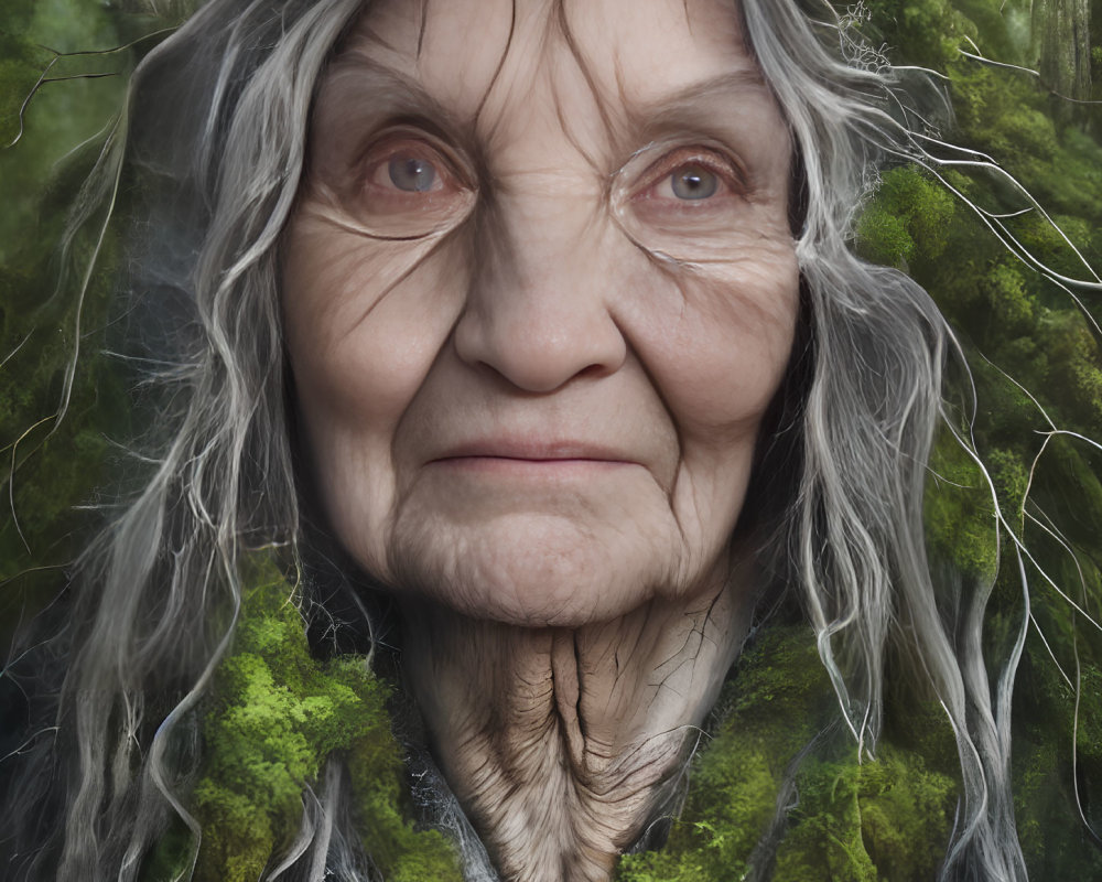 Elderly woman with deep wrinkles and gray hair in forest setting