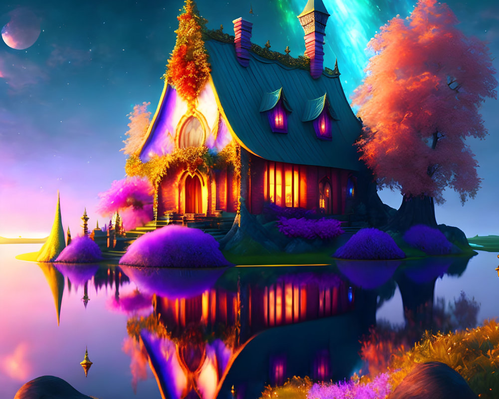 Fantasy cottage by reflective lake under aurora and night sky