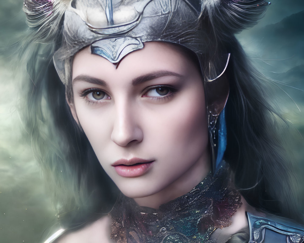 Digital artwork: Person in fantasy armor with horned helmet, determined expression, ethereal background.