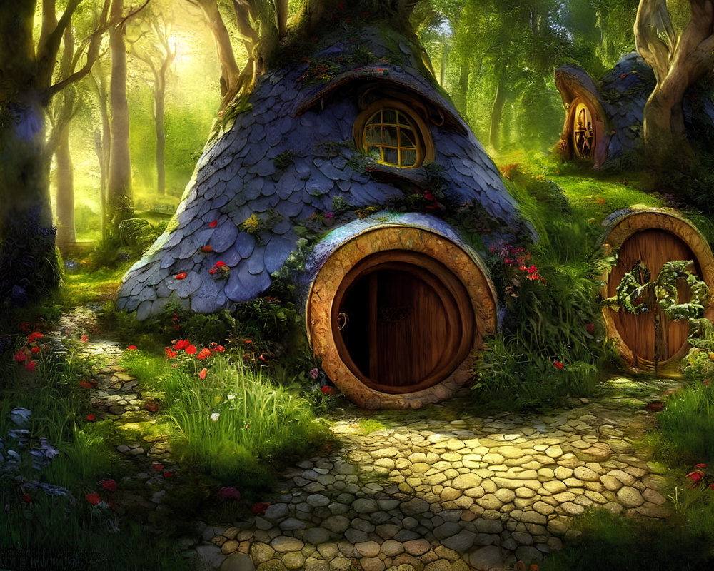 Enchanting forest scene with cobblestone path and fairytale house