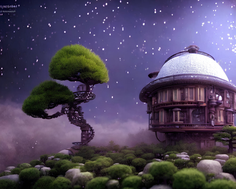 Whimsical round house with domed roof in misty landscape