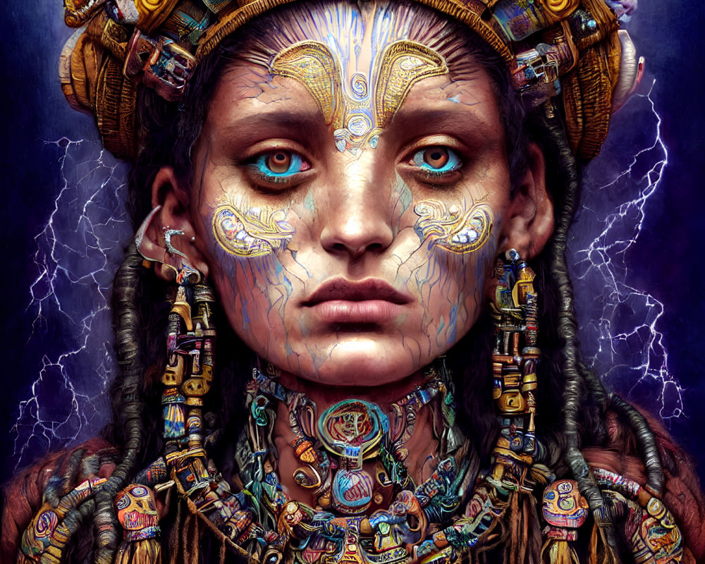 Intricate face paint and detailed headdress in stormy setting