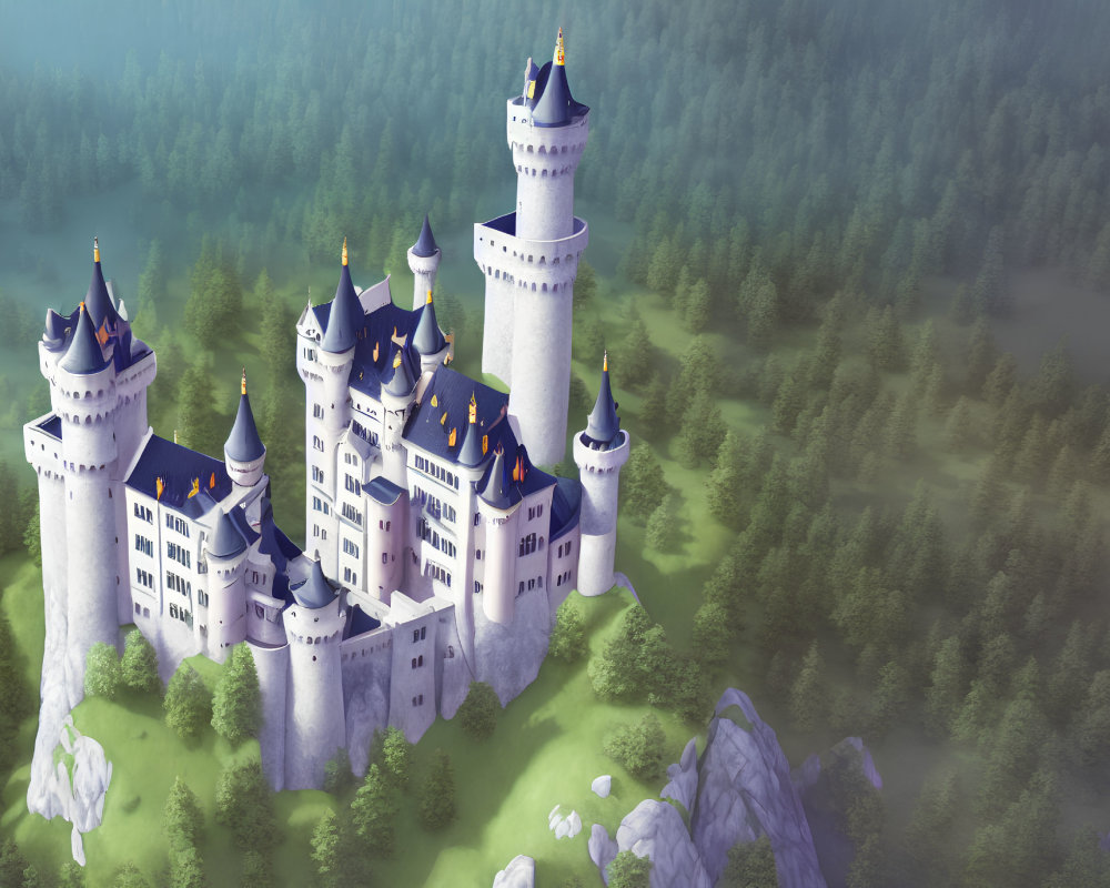 Majestic fairytale castle in forest clearing with spires and misty mountains