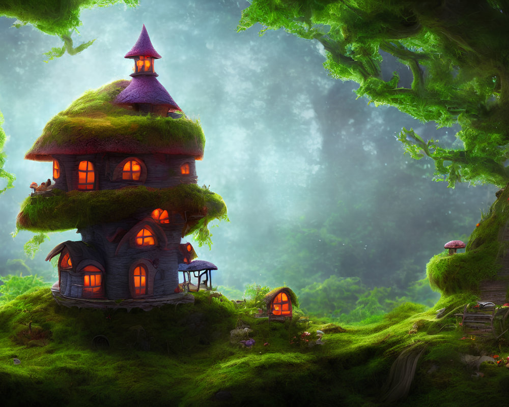 Whimsical moss-covered treehouse in enchanted forest