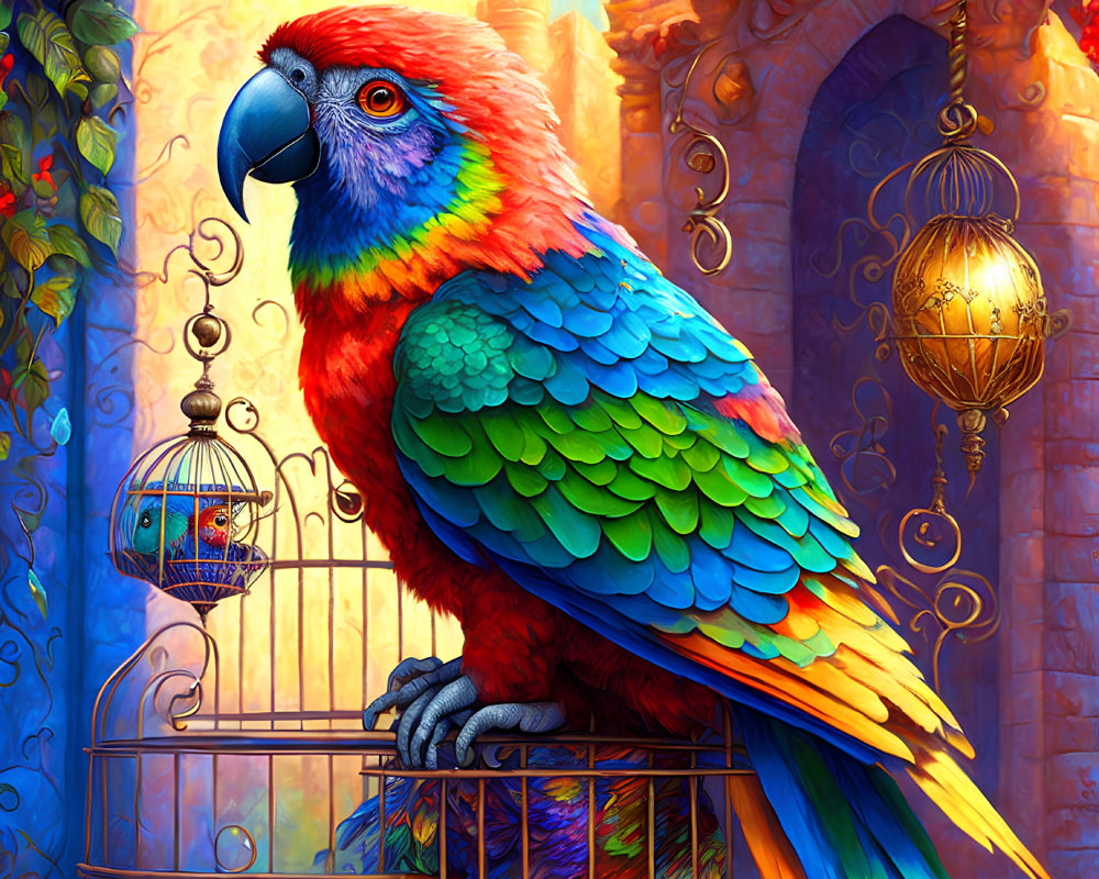 Colorful Parrot Perched on Open Cage with Whimsical Background