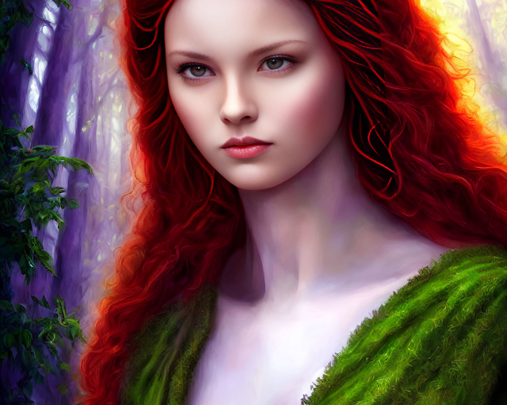 Vibrant Red-Haired Woman in Mystical Purple Forest