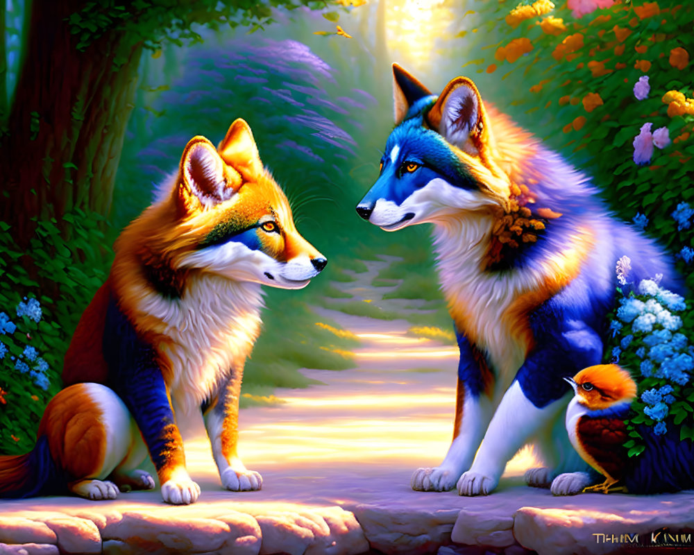 Vibrantly colored anthropomorphic foxes in whimsical forest scene