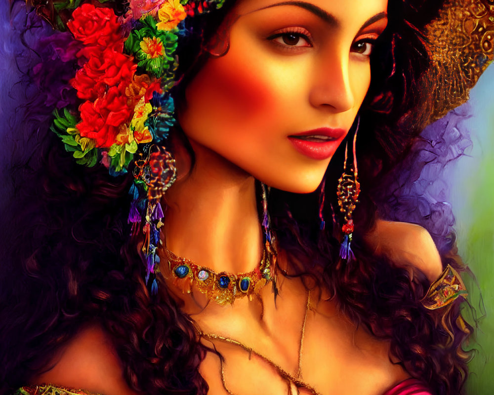 Colorful digital painting of a woman in floral headdress and elegant attire.