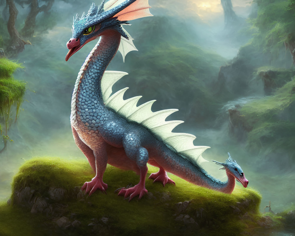 Blue-scaled two-headed dragon in mystical forest with mist.