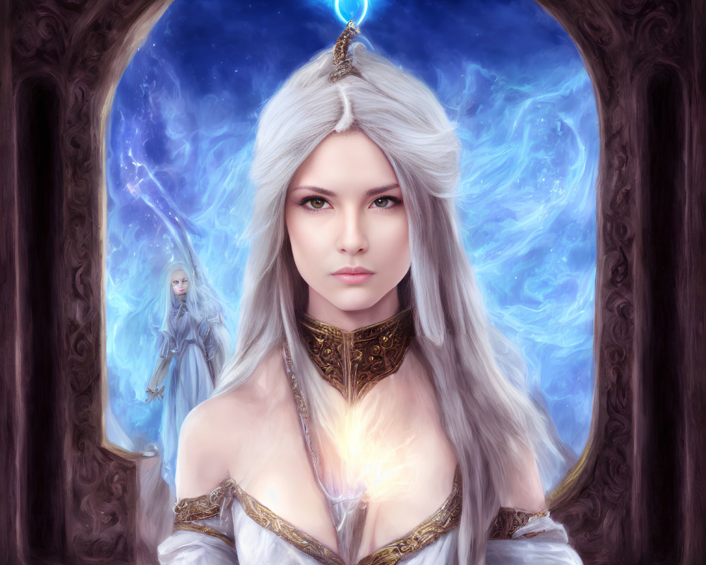 Ethereal woman with long white hair holding glowing staff before ornate arched gateway