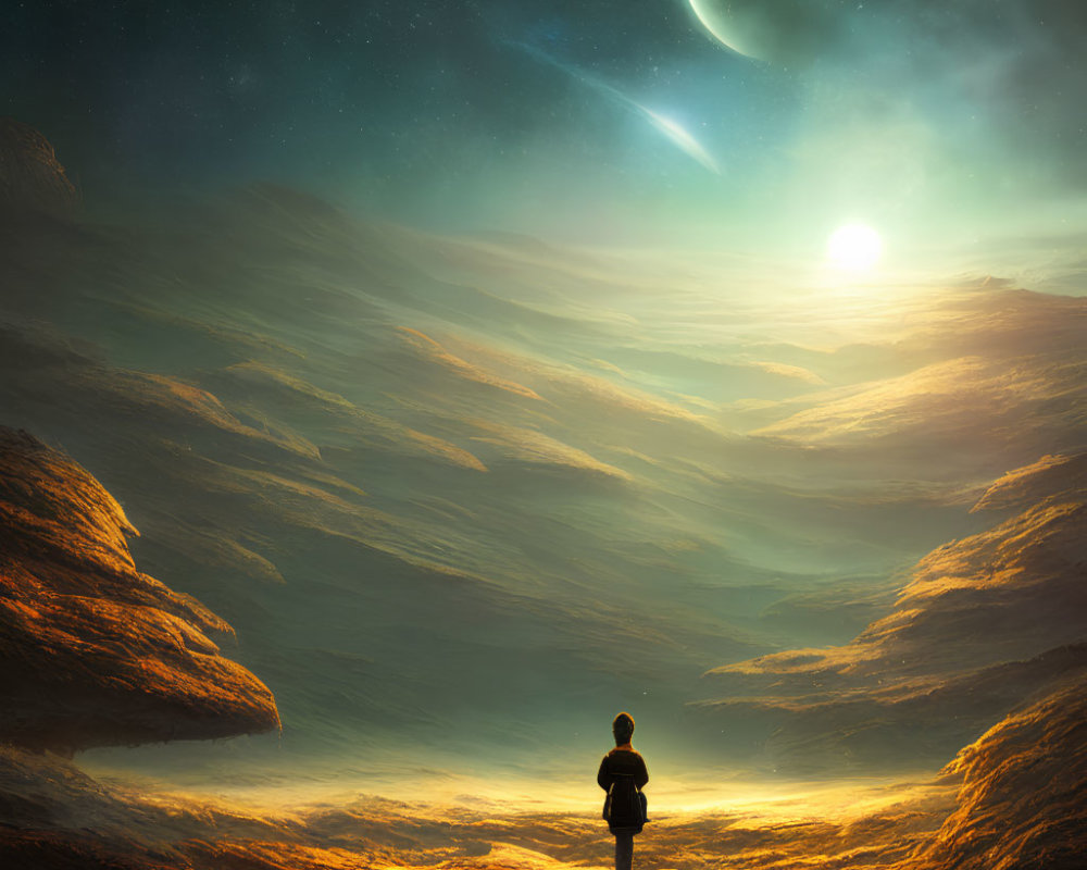 Person standing on surreal cloud landscape under starry sky with sun, moon, and comet.