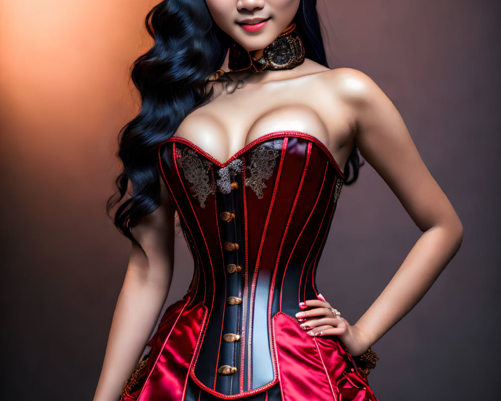 Woman in Red Corset Dress with Blue Hair on Gradient Background