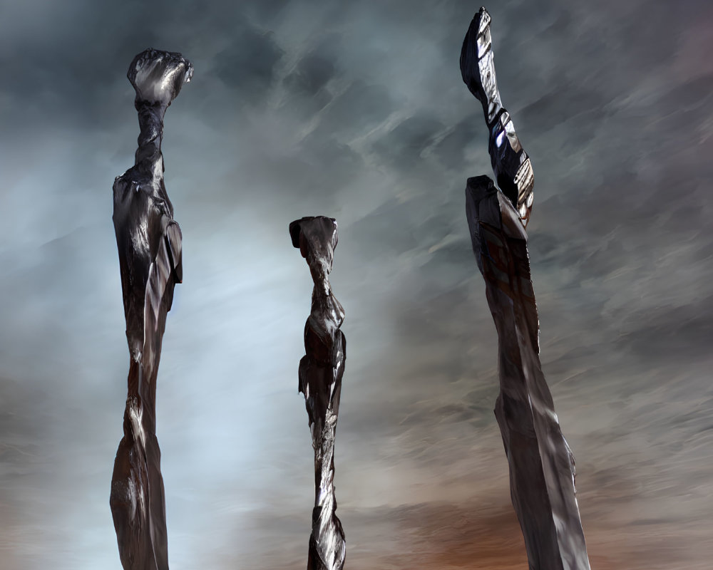 Twisted metallic sculptures in calm water under dramatic sky