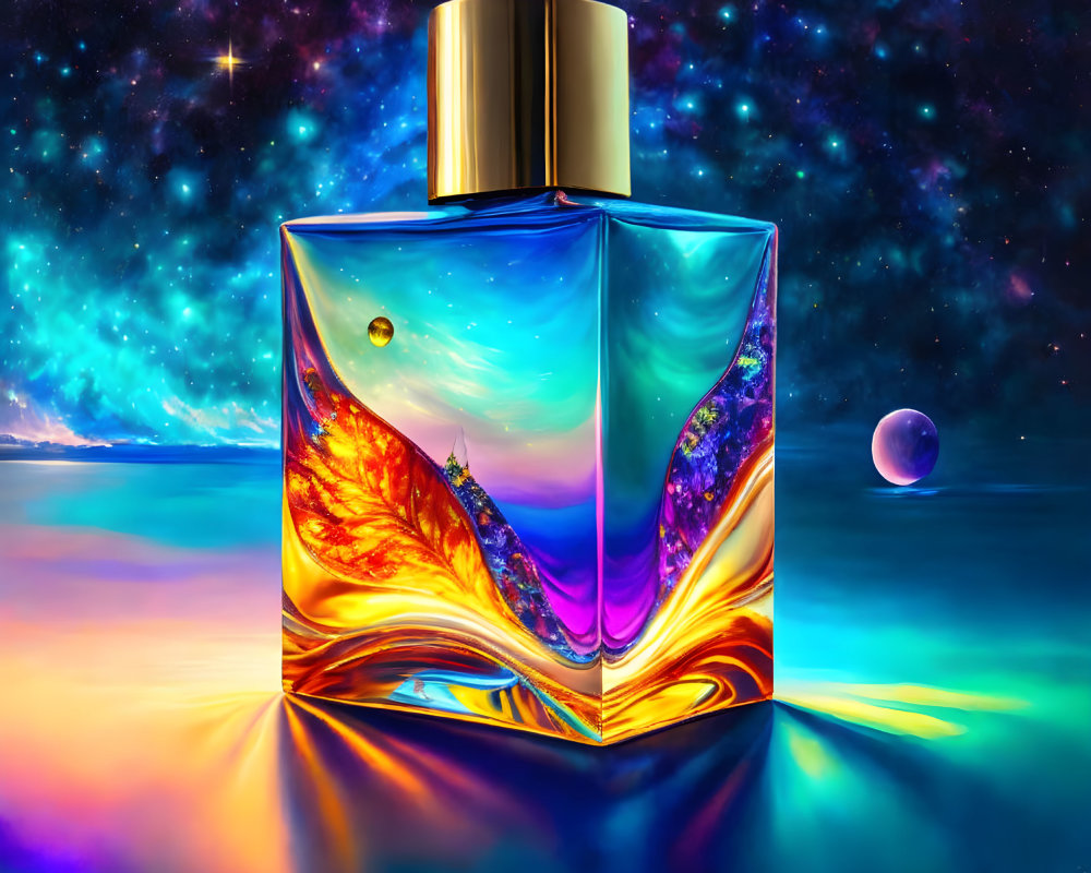 Colorful Cosmic Perfume Bottle Illustration with Golden Cap