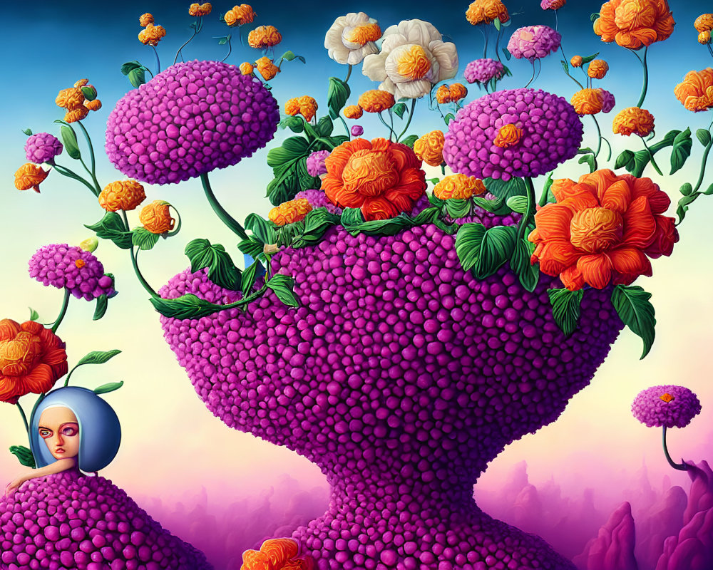 Surreal landscape artwork with purple human-like figure and vibrant flowers