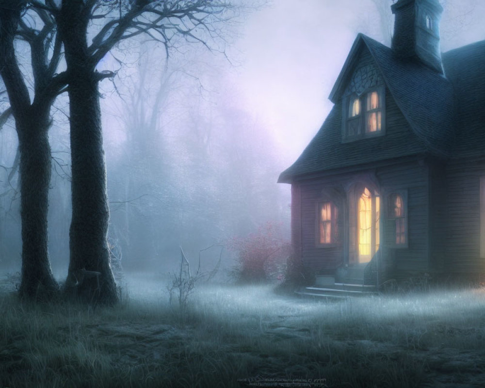 Misty Twilight Scene: Quaint Wooden House in Woods