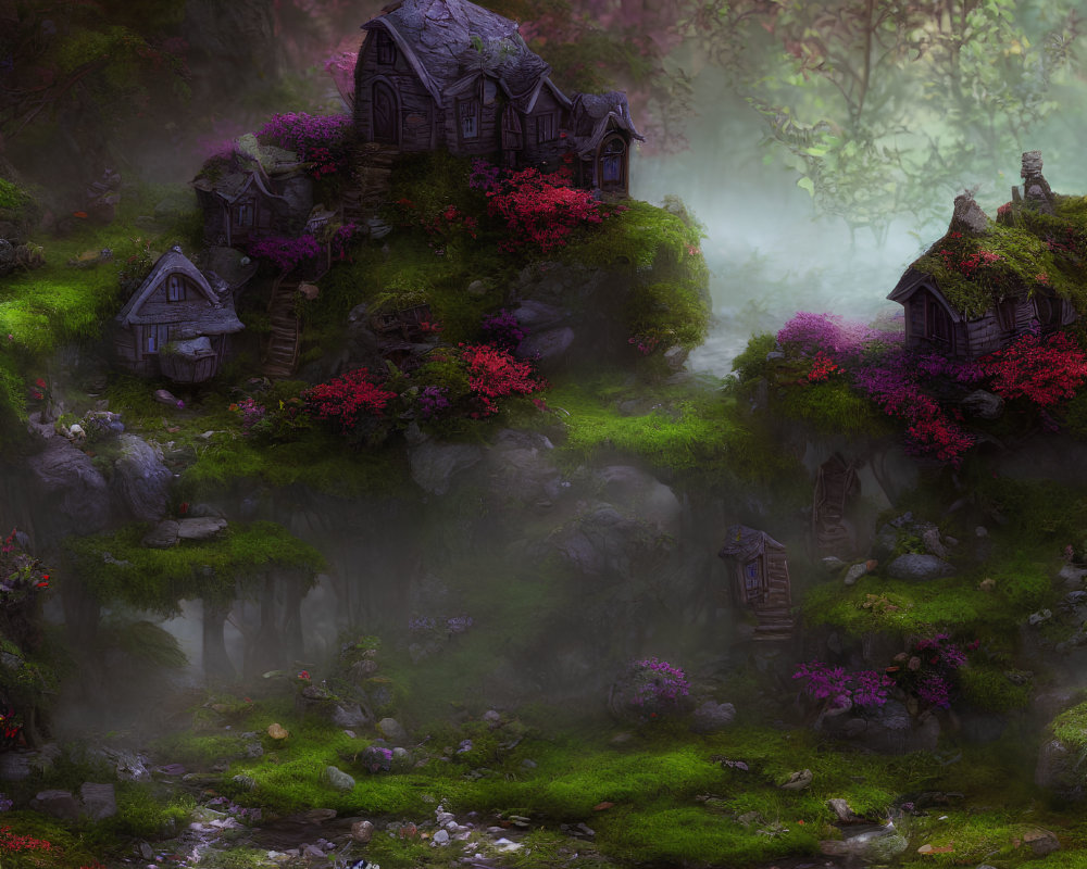 Vibrant Enchanted Forest with Quaint Houses and Serene Stream