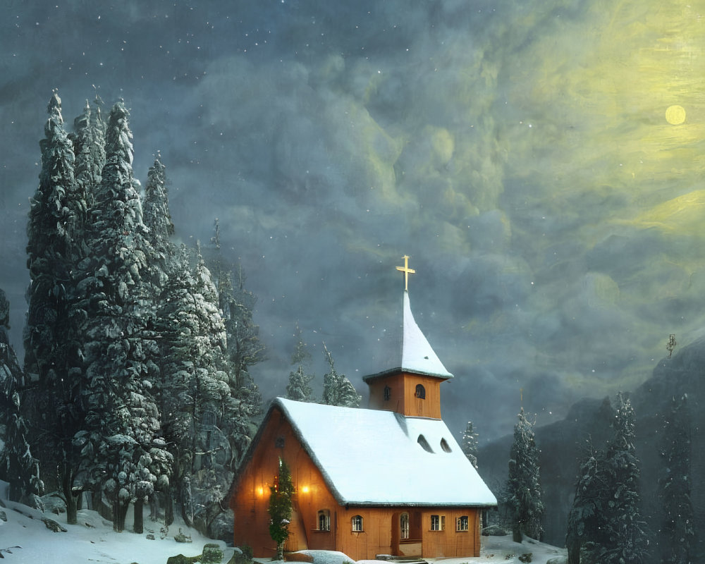 Snow-covered church with cross under night sky and pine trees: serene winter scene