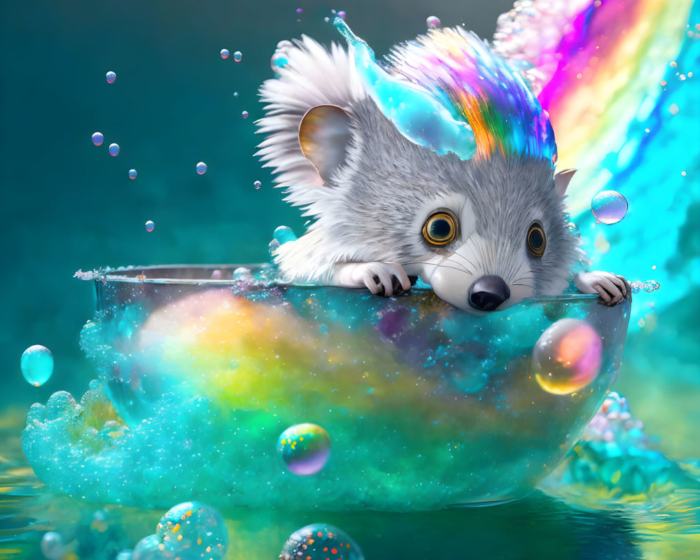 Colorful iridescent possum sliding down rainbow trail in bubble-filled teacup on blue backdrop