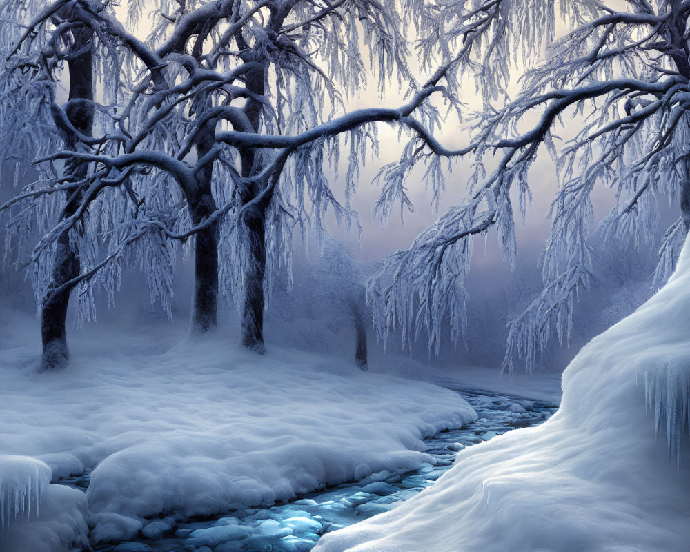 Snow-covered winter landscape with frozen trees and stream under misty blue sky