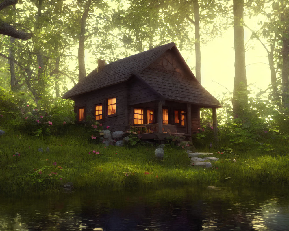 Wooden cabin in lush forest by tranquil pond with lit interior