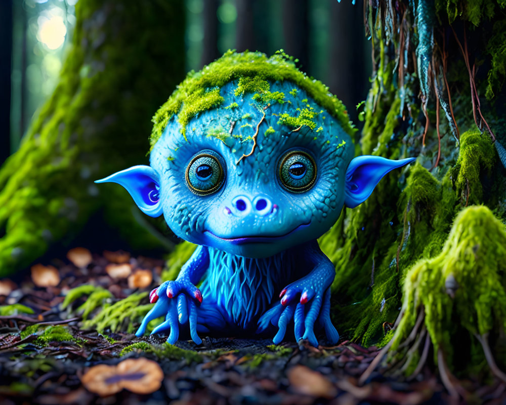 Blue creature with large ears in enchanted forest with mossy hair