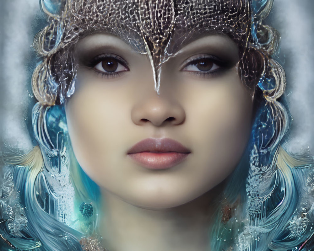 Woman's portrait with fantasy headdress in frost and feather theme, serene expression in cool blue tones