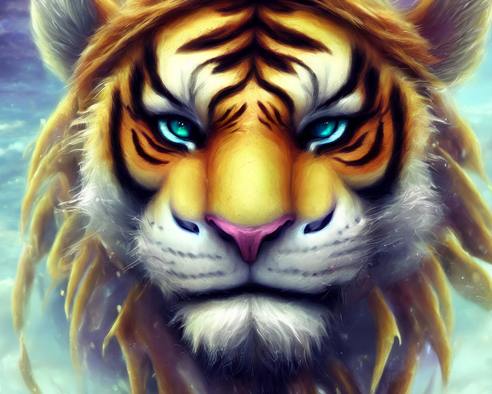 Digital illustration of a tiger with blue eyes and flowing mane in a dreamy sky.