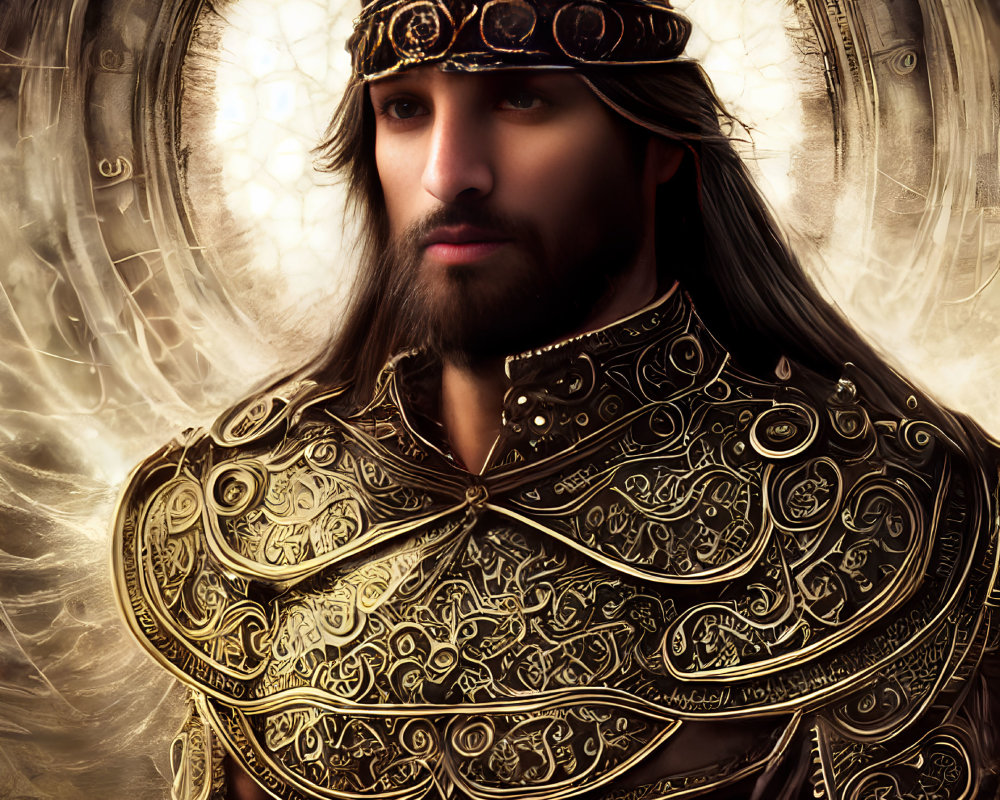 Bearded man in golden armor with glowing halo rings