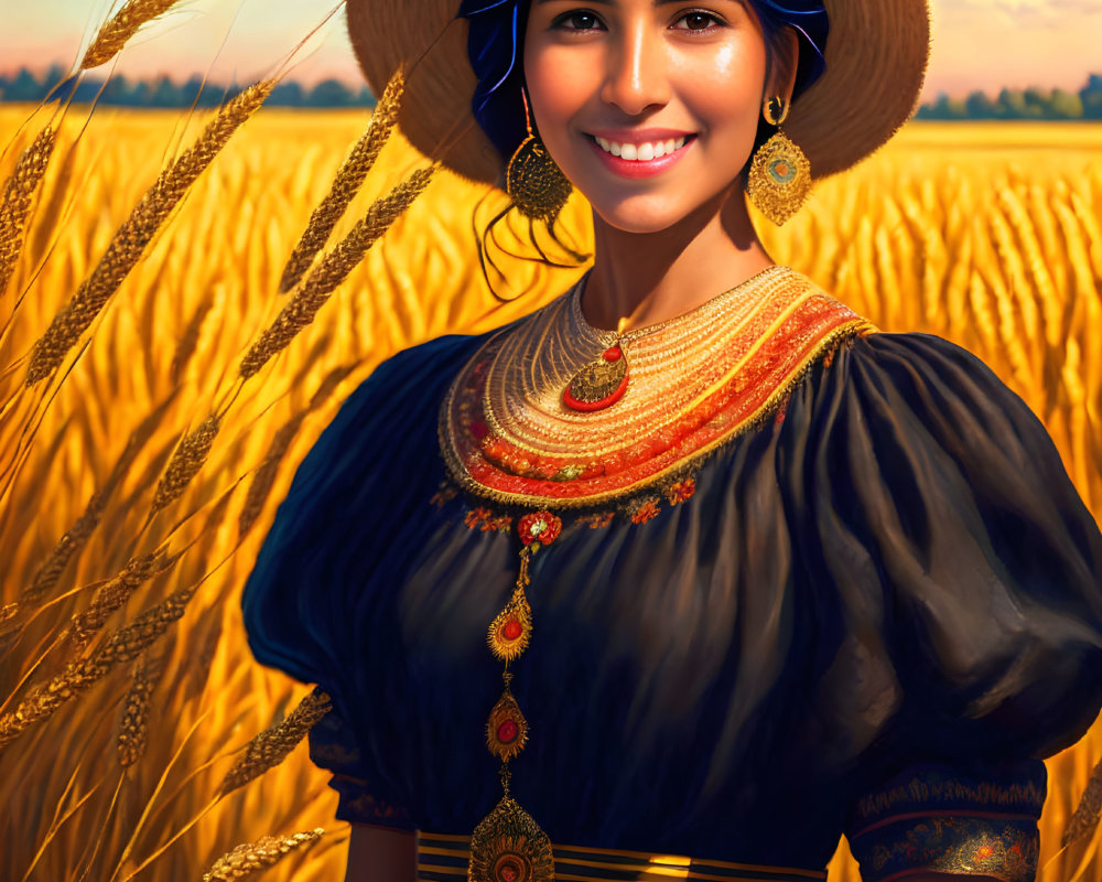 Traditional attire woman with blue hat in golden wheat field wearing gold jewelry