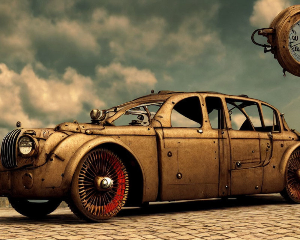 Steampunk-Inspired Vehicle with Exposed Gears and Riveted Body Panels