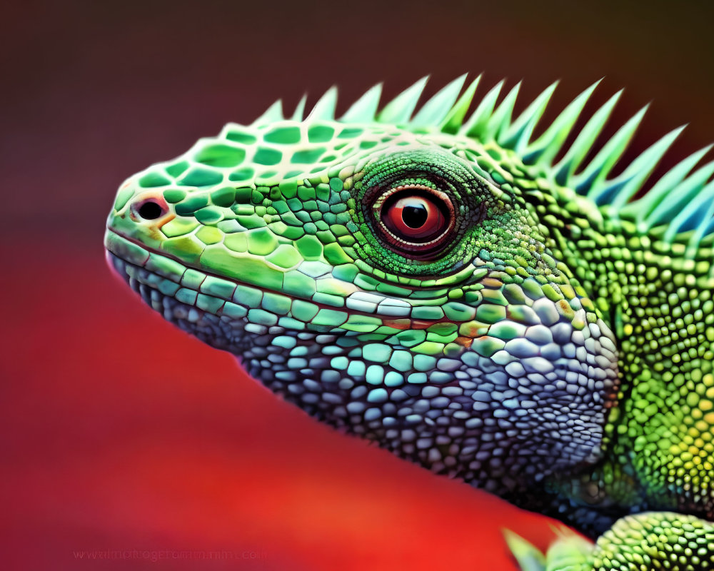 Detailed Close-Up of Vibrant Green Iguana with Spiny Crest