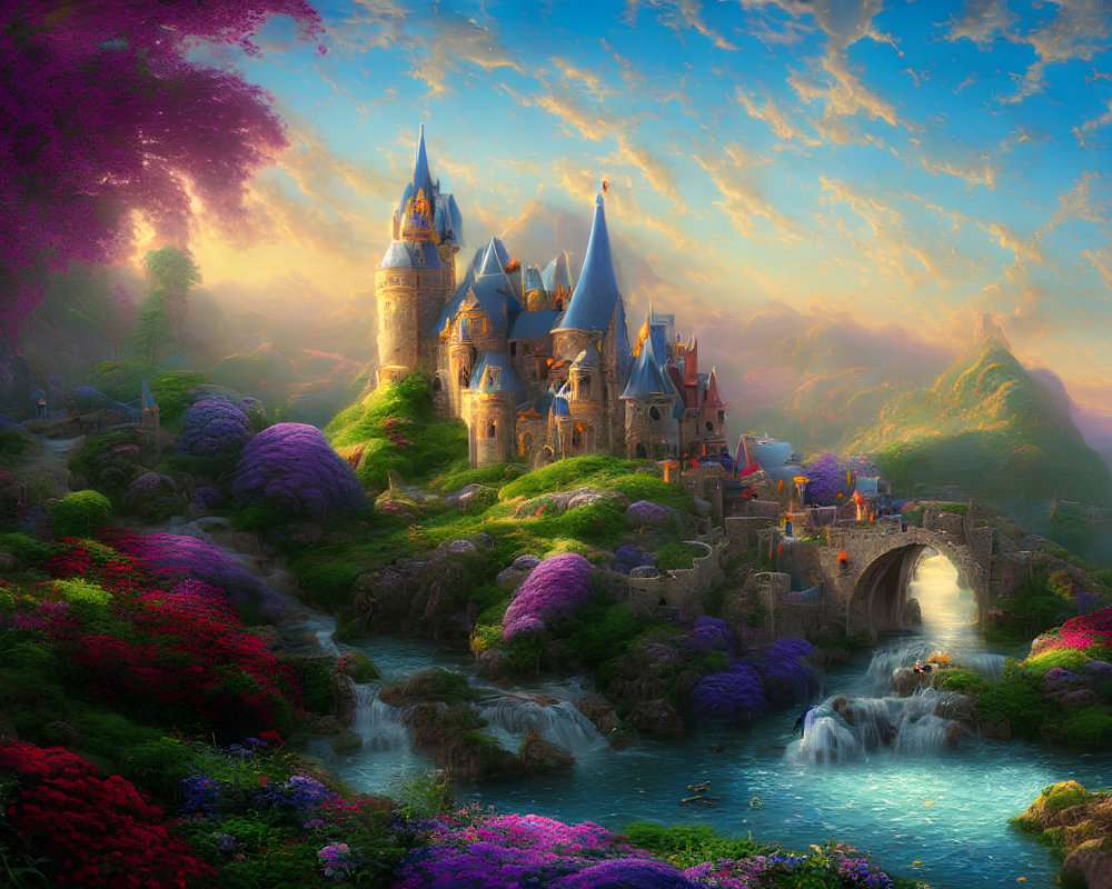 Fantastical castle in lush hills with waterfalls and stone bridge under warm sunset